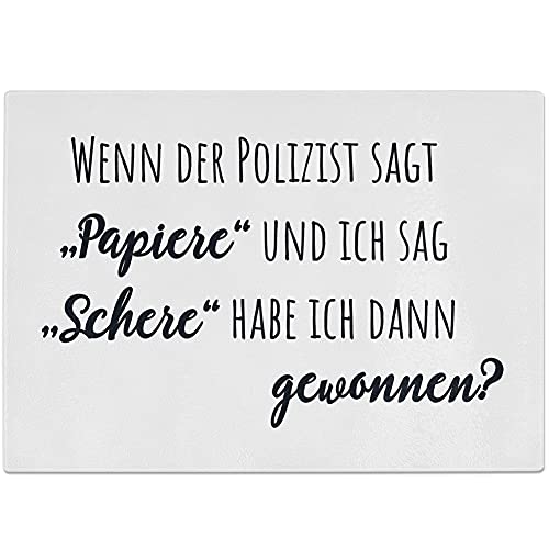 JUNIWORDS Glasschneidebrett Frühstücksbrett, Wenn der Polizist sagt Papiere und ich sag Schere, habe ich dann gewonnen? von JUNIWORDS