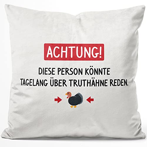 JUNIWORDS Kissen, Achtung! Diese Person könnte tagelang über Truthähne reden, 40 x 40 cm, Flauschig Samtweich Weich (1005928) von JUNIWORDS