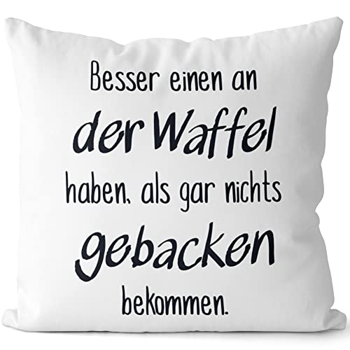 JUNIWORDS Kissen, Besser einen an der Waffel haben, als gar Nichts gebacken bekommen, Weiß-Hellblau, 2-farbig (1009628) von JUNIWORDS