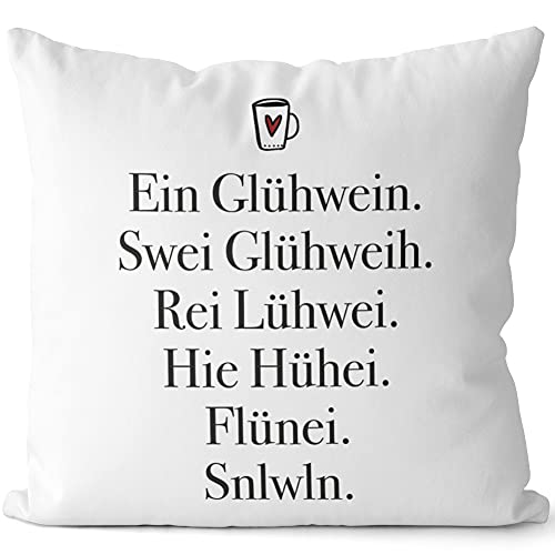 JUNIWORDS Kissen, EIN Glühwein, Swei, Rei Lühwei, HIE Hühei, Flünei, Snlwln, 40 x 40 cm, 2-farbig, Weiß-Hellgrün von JUNIWORDS