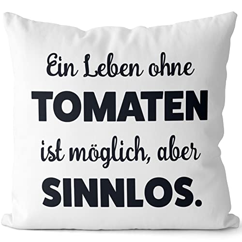 JUNIWORDS Kissen, EIN Leben ohne Tomaten ist möglich, Aber sinnlos, Weiß-Hellblau, 2-farbig (1009771) von JUNIWORDS