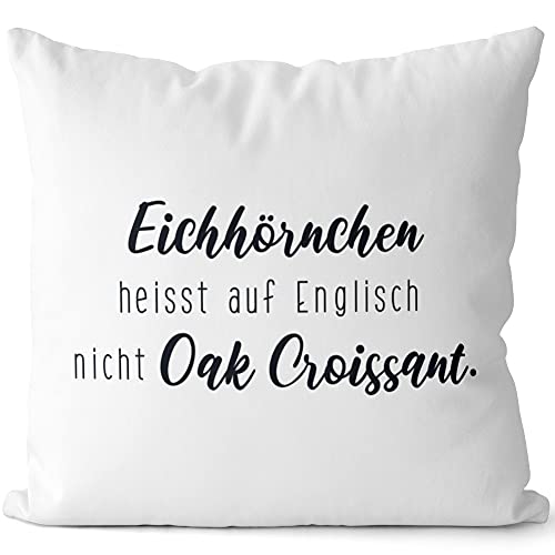 JUNIWORDS Kissen, Eichhörnchen heißt auf Englisch Nicht Oak Croissant, 40 x 40 cm, 2-farbig, Weiß-Dunkelrot von JUNIWORDS