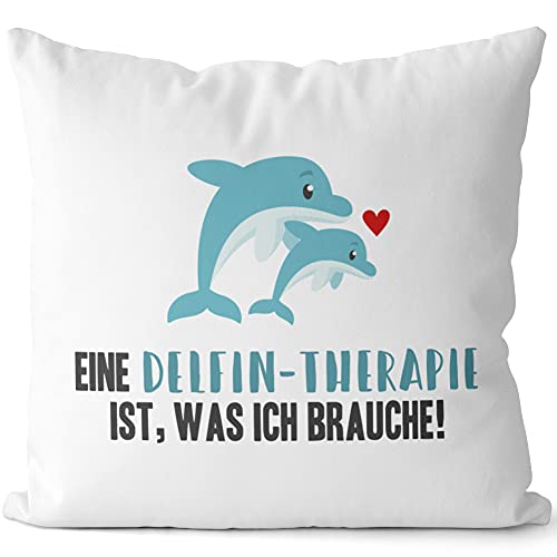 JUNIWORDS Kissen, Eine Delfin-Therapie ist, was ich Brauche!, 40 x 40 cm, 2-farbig, Weiß-Hellblau von JUNIWORDS