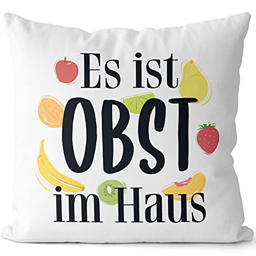 JUNIWORDS Kissen, Es ist Obst im Haus, 40 x 40 cm, 2-farbig, Weiß-Dunkelrot von JUNIWORDS