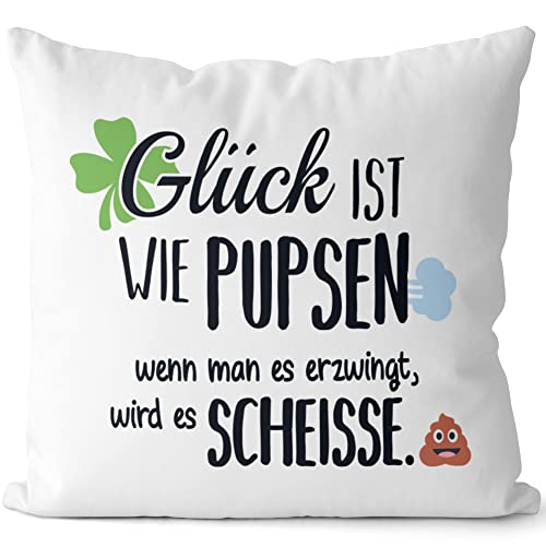 JUNIWORDS Kissen, Glück ist wie pupsen, wenn Man es erzwingt, Wird es Scheiße, Weiß-Hellblau, 2-farbig (1005408) von JUNIWORDS