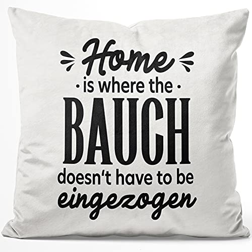 JUNIWORDS Kissen, Home is Where The Bauch Doesn't Have to be eingezogen, 40 x 40 cm, Flauschig Samtweich Weich von JUNIWORDS