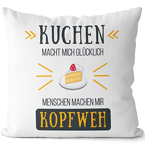 JUNIWORDS Kissen, Kuchen Macht Mich glücklich Menschen Machen Mir Kopfweh, Weiß-Schwarz, 2-farbig (1004626) von JUNIWORDS