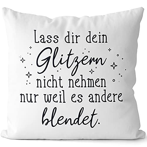 JUNIWORDS Kissen, Lass dir Dein Glitzern Nicht nehmen nur Weil es andere blendet, 40 x 40 cm, 2-farbig, Weiß-Hellblau von JUNIWORDS