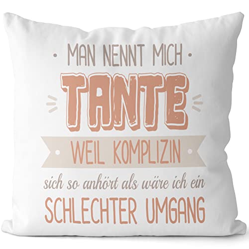 JUNIWORDS Kissen, Man nennt Mich Tante, Weil Komplizin Sich so anhört als wäre ich EIN schlechter Umgang, Weiß-Dunkelrot, 2-farbig (1005037) von JUNIWORDS