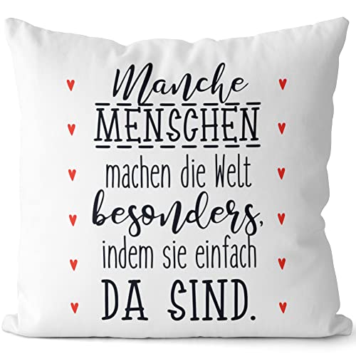 JUNIWORDS Kissen, Manche Menschen Machen die Welt besonders, indem sie einfach da sind, 40 x 40 cm, 2-farbig, Weiß-Dunkelrot von JUNIWORDS