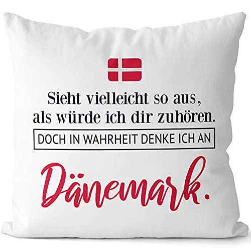 JUNIWORDS Kissen, Sieht vielleicht so aus, als würde ich dir zuhören. Doch in Wahrheit denke ich an Dänemark (1001296), 40 x 40 cm, 2-farbig, Weiß-Schwarz von JUNIWORDS