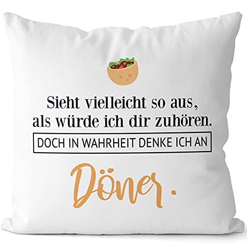 JUNIWORDS Kissen, Sieht vielleicht so aus, als würde ich dir zuhören. Doch in Wahrheit denke ich an Döner (1001619), 40 x 40 cm, 2-farbig, Weiß-Rosa von JUNIWORDS