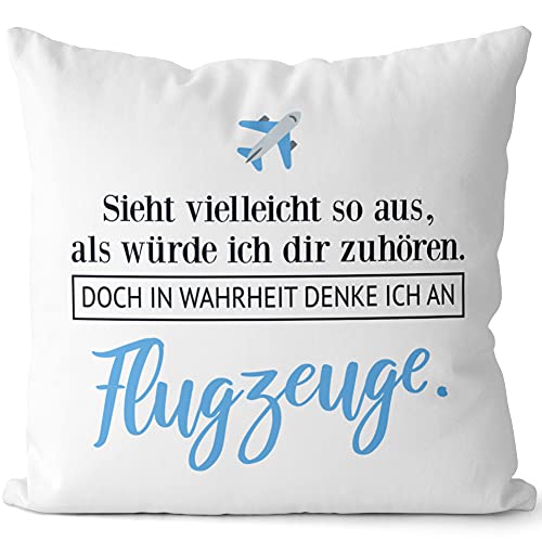 JUNIWORDS Kissen, Sieht vielleicht so aus, als würde ich dir zuhören. Doch in Wahrheit denke ich an Flugzeuge (1001672), 40 x 40 cm, 2-farbig, Weiß-Hellblau von JUNIWORDS