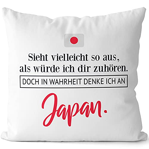 JUNIWORDS Kissen, Sieht vielleicht so aus, als würde ich dir zuhören. Doch in Wahrheit denke ich an Japan (1001278), 40 x 40 cm, 2-farbig, Weiß-Schwarz von JUNIWORDS