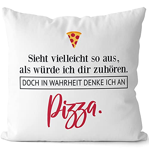 JUNIWORDS Kissen, Sieht vielleicht so aus, als würde ich dir zuhören. Doch in Wahrheit denke ich an Pizza (1001616), 40 x 40 cm, 2-farbig, Weiß-Dunkelrot von JUNIWORDS