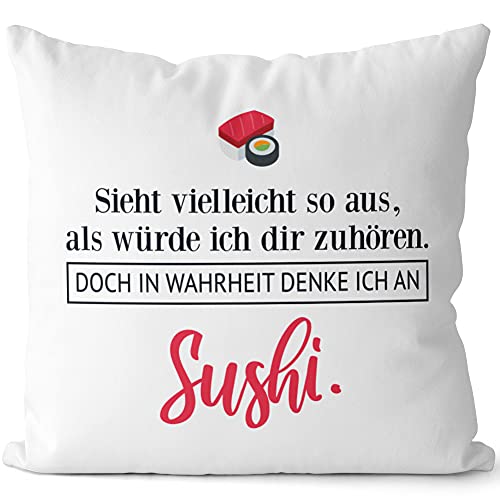 JUNIWORDS Kissen, Sieht vielleicht so aus, als würde ich dir zuhören. Doch in Wahrheit denke ich an Sushi (1001624), 40 x 40 cm, 2-farbig, Weiß-Dunkelrot von JUNIWORDS