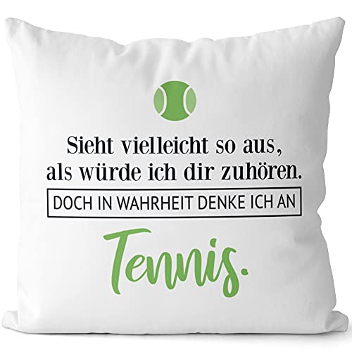 JUNIWORDS Kissen, Sieht vielleicht so aus, als würde ich dir zuhören. Doch in Wahrheit denke ich an Tennis (1001712), 40 x 40 cm, 2-farbig, Weiß-Hellgrün von JUNIWORDS