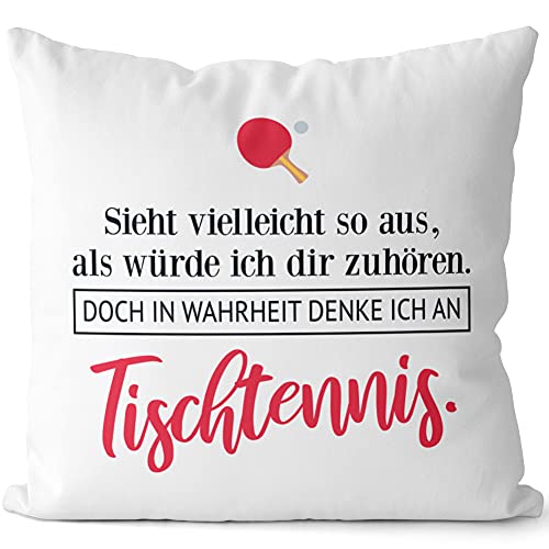 JUNIWORDS Kissen, Sieht vielleicht so aus, als würde ich dir zuhören. Doch in Wahrheit denke ich an Tischtennis (1001715), 40 x 40 cm, 2-farbig, Weiß-Dunkelrot von JUNIWORDS