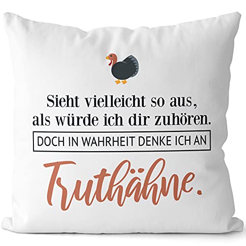 JUNIWORDS Kissen, Sieht vielleicht so aus, als würde ich dir zuhören. Doch in Wahrheit denke ich an Truthähne (1001539), 40 x 40 cm, 2-farbig, Weiß-Dunkelrot von JUNIWORDS