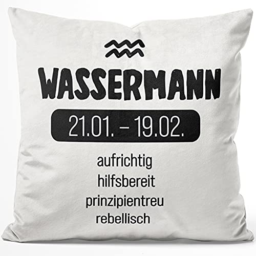 JUNIWORDS Kissen, Sternzeichen Wassermann, aufrichtig hilfsbereit prinzipientreu rebellisch, 40 x 40 cm, Flauschig Samtweich Weich von JUNIWORDS