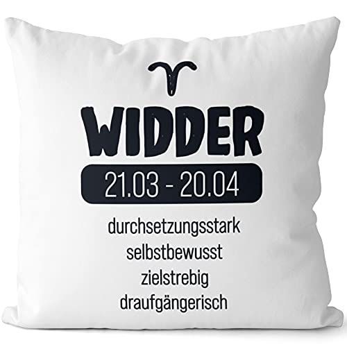 JUNIWORDS Kissen, Sternzeichen Widder, durchsetzungsstark selbstbewusst zielstrebig draufgängerisch, 40 x 40 cm, 2-farbig, Weiß-Schwarz von JUNIWORDS