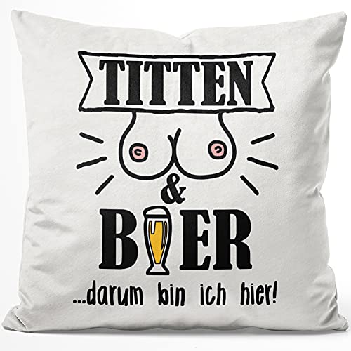 JUNIWORDS Kissen, Titten & Bier, darum Bin ich Hier!, 40 x 40 cm, Flauschig Samtweich Weich von JUNIWORDS