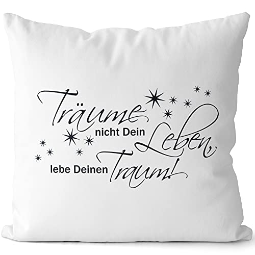 JUNIWORDS Kissen, Träume Nicht Dein Leben, lebe deinen Traum!, 40 x 40 cm, 2-farbig, Weiß-Dunkelrot von JUNIWORDS