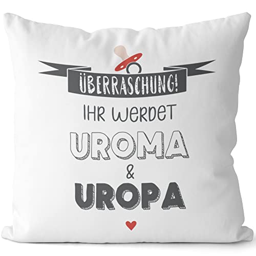 JUNIWORDS Kissen, Überraschung! Ihr werdet Uroma & Uropa, Weiß-Hellblau, 2-farbig (1005457) von JUNIWORDS