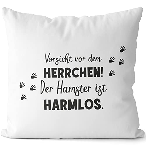 JUNIWORDS Kissen, Vorsicht vor dem Herrchen! Der Hamster ist harmlos, Weiß-Schwarz, 2-farbig (1008384) von JUNIWORDS