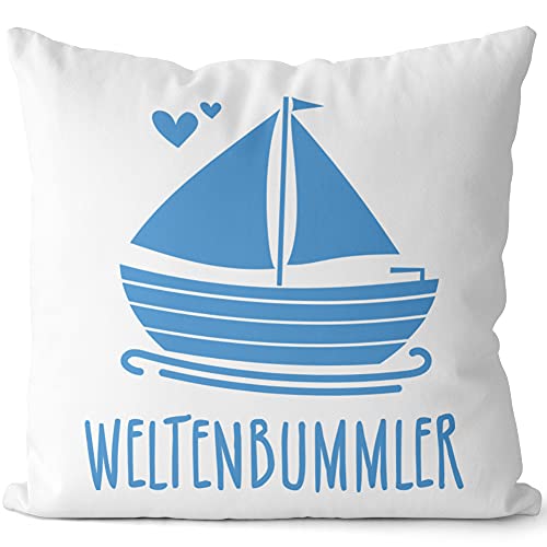 JUNIWORDS Kissen, Weltenbummler, 40 x 40 cm, 2-farbig, Weiß-Dunkelrot von JUNIWORDS