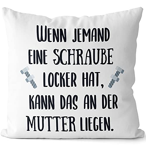 JUNIWORDS Kissen, Wenn jemand eine Schraube locker hat, kann das an der Mutter liegen, 40 x 40 cm, 2-farbig, Weiß-Hellbraun von JUNIWORDS