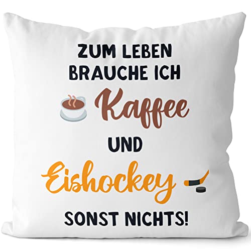 JUNIWORDS Kissen, Zum Leben Brauche ich Kaffee und Eishockey, sonst Nichts, Weiß-Hellblau, 2-farbig (1005296) von JUNIWORDS