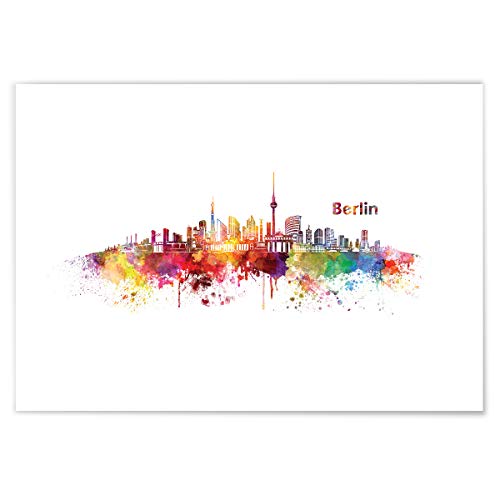 JUNIWORDS Poster mit/ohne Holzrahmen, Wähle ein Motiv, Aquarell Skyline Berlin, Wähle eine Größe, 21 x 30 cm (S) ohne Rahmen von JUNIWORDS
