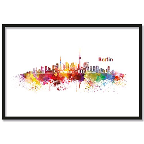 JUNIWORDS Poster mit/ohne Holzrahmen, Wähle ein Motiv, Aquarell Skyline Berlin, Wähle eine Größe, 30 x 40 cm (M) mit Rahmen in Schwarz von JUNIWORDS