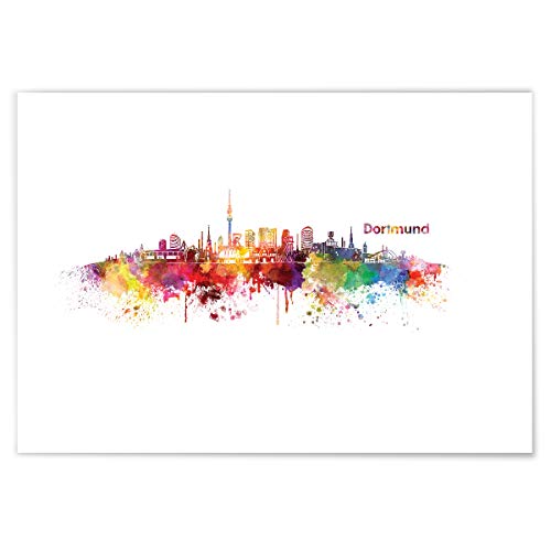 JUNIWORDS Poster mit/ohne Holzrahmen, Wähle ein Motiv, Aquarell Skyline Dortmund, Wähle eine Größe, 21 x 30 cm (S) ohne Rahmen von JUNIWORDS