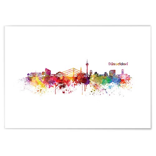 JUNIWORDS Poster mit/ohne Holzrahmen, Wähle ein Motiv, Aquarell Skyline Düsseldorf, Wähle eine Größe, 60 x 90 cm (XL) ohne Rahmen von JUNIWORDS