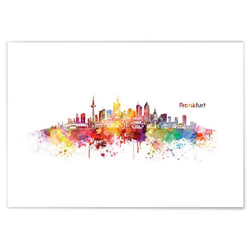 JUNIWORDS Poster mit/ohne Holzrahmen, Wähle ein Motiv, Aquarell Skyline Frankfurt, Wähle eine Größe, 21 x 30 cm (S) ohne Rahmen von JUNIWORDS