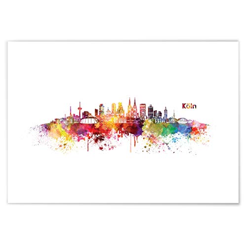 JUNIWORDS Poster mit/ohne Holzrahmen, Wähle ein Motiv, Aquarell Skyline Köln, Wähle eine Größe, 21 x 30 cm (S) ohne Rahmen von JUNIWORDS