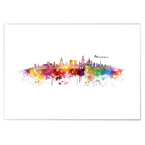 JUNIWORDS Poster mit/ohne Holzrahmen, Wähle ein Motiv, Aquarell Skyline Mainz, Wähle eine Größe, 30 x 40 cm (M) ohne Rahmen von JUNIWORDS
