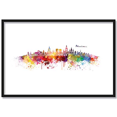 JUNIWORDS Poster mit/ohne Holzrahmen, Wähle ein Motiv, Aquarell Skyline Mainz, Wähle eine Größe, 40 x 60 cm (L) mit Rahmen in Natur von JUNIWORDS