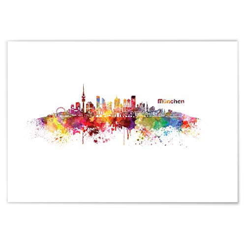 JUNIWORDS Poster mit/ohne Holzrahmen, Wähle ein Motiv, Aquarell Skyline München, Wähle eine Größe, 30 x 40 cm (M) ohne Rahmen von JUNIWORDS