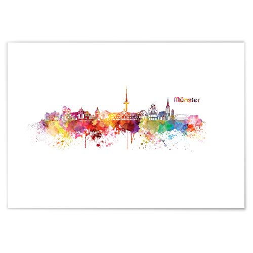 JUNIWORDS Poster mit/ohne Holzrahmen, Wähle ein Motiv, Aquarell Skyline Münster, Wähle eine Größe, 21 x 30 cm (S) ohne Rahmen von JUNIWORDS