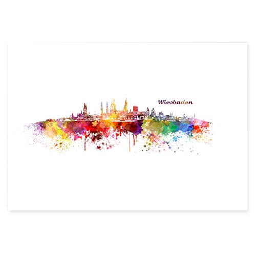 JUNIWORDS Poster mit/ohne Holzrahmen, Wähle ein Motiv, Aquarell Skyline Wiesbaden, Wähle eine Größe, 21 x 30 cm (S) ohne Rahmen von JUNIWORDS