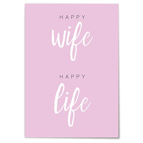 JUNIWORDS Poster mit/ohne Holzrahmen - Wähle ein Motiv - Happy Wife Happy Life - Wähle eine Größe - 60 x 90 cm (XL) ohne Rahmen von JUNIWORDS