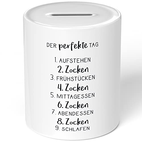 JUNIWORDS Spardose Sparbüchse, Der perfekte Tag 1. Aufstehen 2. Zocken 3. Frühstücken 4. Zocken 5. Mittagsessen 6. Zocken 7. Abendessen 8. Zocken 9. Schlafen von JUNIWORDS