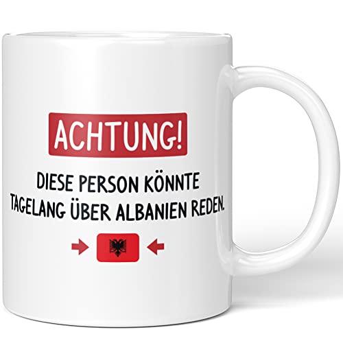 JUNIWORDS Tasse, Achtung! Diese Person könnte tagelang über Albanien reden, Weiß (1006143) von JUNIWORDS