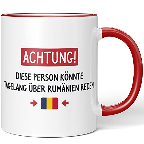 JUNIWORDS Tasse, Achtung! Diese Person könnte tagelang über Rumänien reden, Rot (1006173) von JUNIWORDS