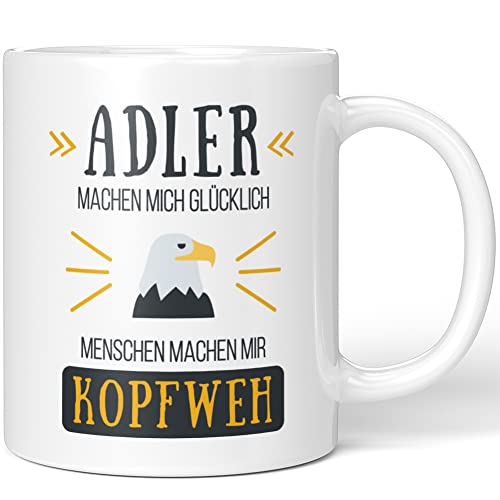 JUNIWORDS Tasse, Adler machen mich glücklich Menschen machen mir Kopfweh, Wähle Farbe, Weiß von JUNIWORDS