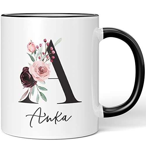 JUNIWORDS Tasse, Anka, Name Anfangsbuchstabe Initial Alphabet Floral Buchstabe A Monogramm Motiv, Schwarz (5555724) von JUNIWORDS