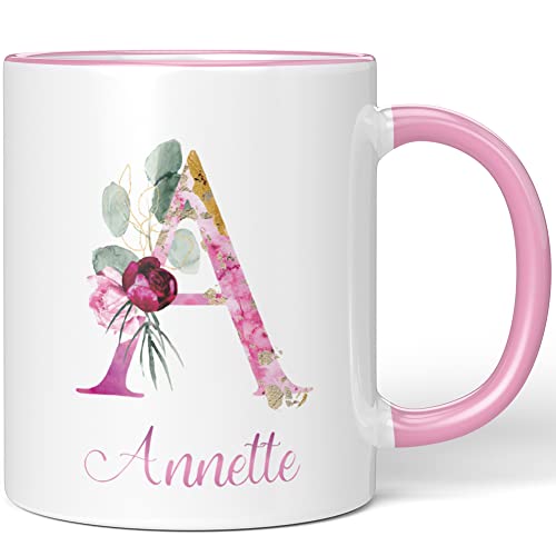 JUNIWORDS Tasse, Annette, Name Anfangsbuchstabe Initial Alphabet Floral Buchstabe A Monogramm Motiv, Rosa (5495664) von JUNIWORDS